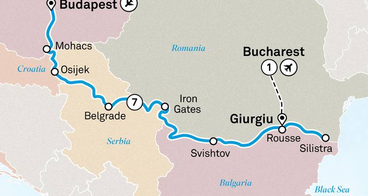 Gedetailleerde regionale kaart die een Donau-cruiseroute weergeeft tussen Boedapest en Boekarest met belangrijke tussenstops.