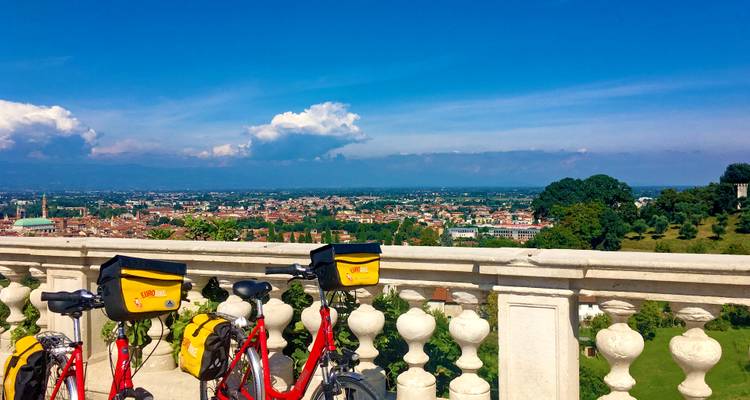 Malerische Aussicht auf eine Stadt mit Fahrrädern im Vordergrund und üppigem Grün.
