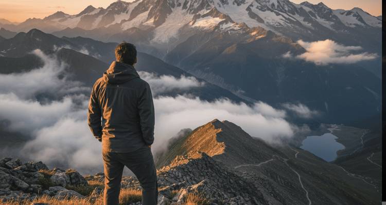 Personne debout sur une crête de montagne avec vue sur les nuages et les sommets.