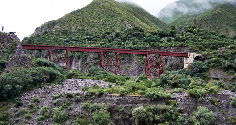 Un pont rouge au-dessus d'une vallée verdoyante avec des montagnes en arrière-plan.