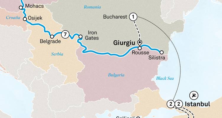 Carte d'itinéraire de croisière mettant en évidence le tronçon de Giurgiu à Istanbul le long du Danube et de la mer Noire.