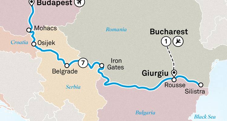 Vereenvoudigde regionale cruise routekaart van Boedapest door Servië naar Giurgiu en verder.