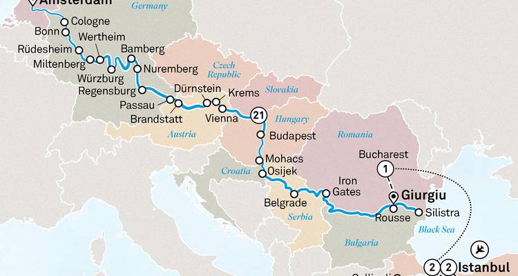 Carte de croisière européenne étendue d'Amsterdam à Istanbul avec de nombreux arrêts fluviaux mis en évidence.