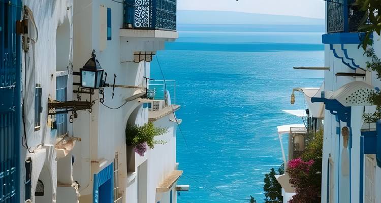 Ruelle pittoresque étroite avec un aperçu de la mer, bordée de bâtiments blancs et bleus.
