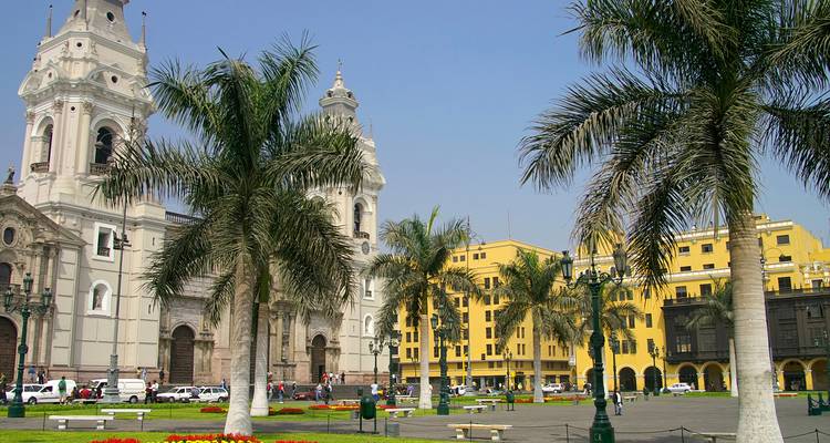 Malerischer Platz mit Palmen und historischen Gebäuden, Menschen gehen spazieren.