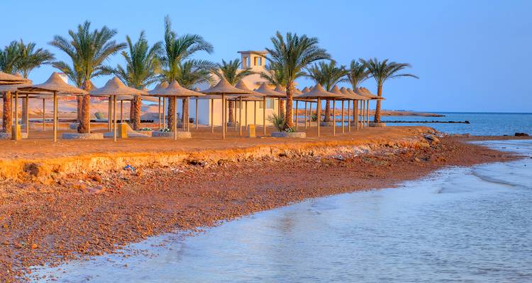 Playa con palmeras y sombrillas al atardecer.