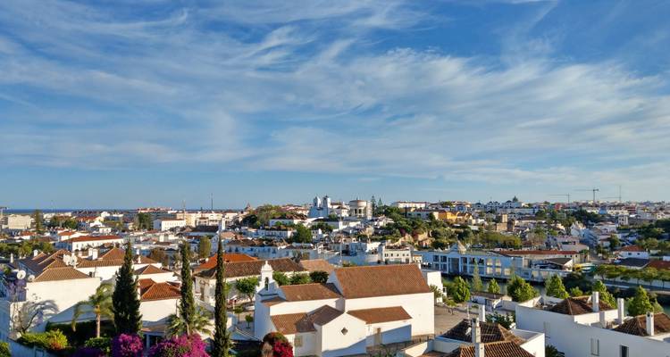 Vue aérienne d'une ville avec des bâtiments blancs et des toits rouges.