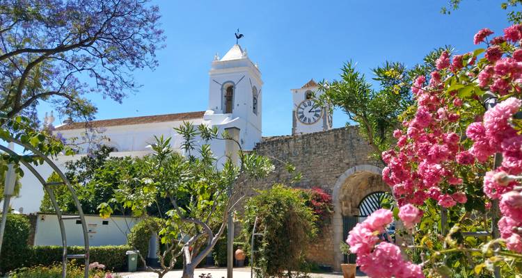 Tour de l'horloge avec des fleurs en floraison au premier plan.