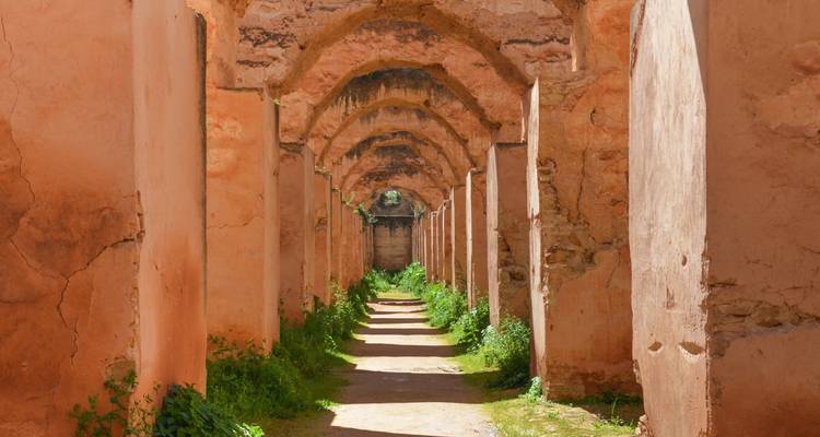 Historic arches with shadowed corridor and greenery.