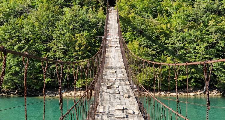 Un puente colgante de madera que conduce hacia una zona boscosa.