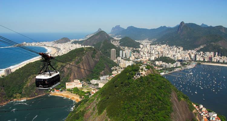 Panoramisch uitzicht op Rio de Janeiro met kabelbanen en stranden zichtbaar.