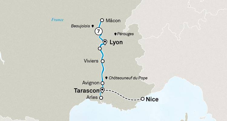 Simple route map showing a travel itinerary through southeastern France.