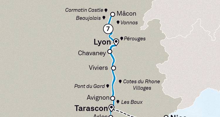 Detailed itinerary map showing towns between Mâcon and Tarascon with route highlighted.
