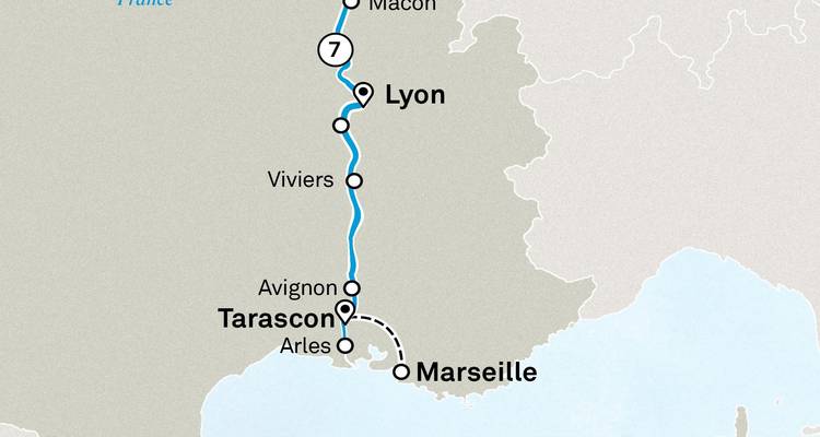 Carte d'itinéraire simple montrant le trajet de Lyon vers le sud jusqu'à Marseille via la Provence.