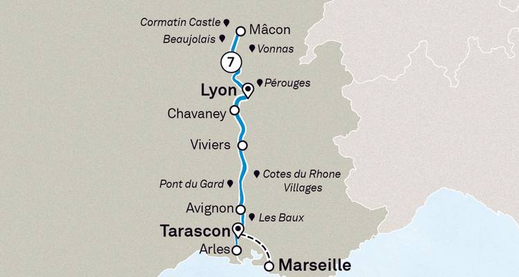 Carte d'itinéraire illustrée de Lyon à Tarascon mettant en évidence les villes et attractions.