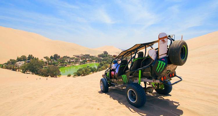 Een dune buggy die een zandduin af rijdt met uitzicht op een oase.