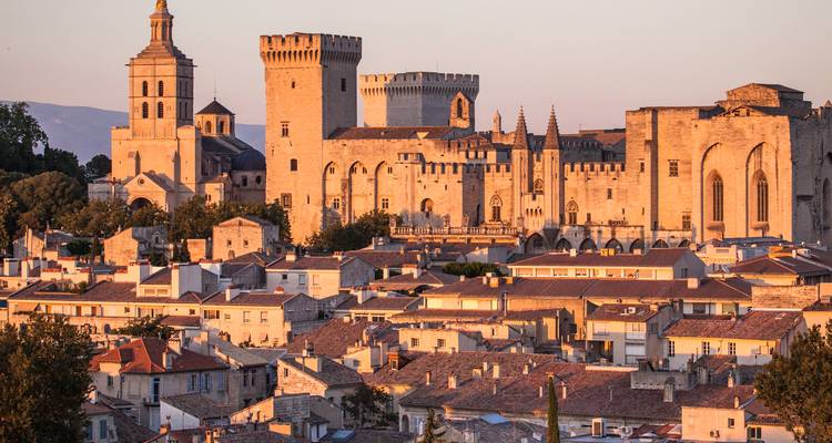 Les remparts médiévaux et le Palais des Papes dominent l'horizon d'Avignon dans la douce lumière du soir.