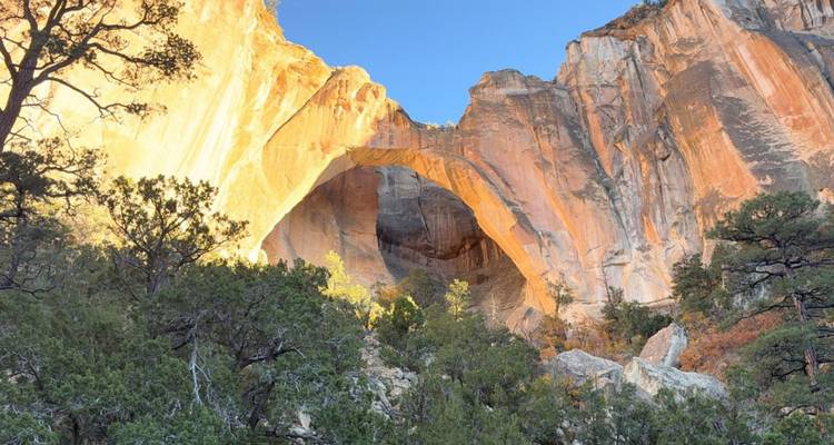 Un arco de roca natural con luz solar dorada golpeando las formaciones rocosas.