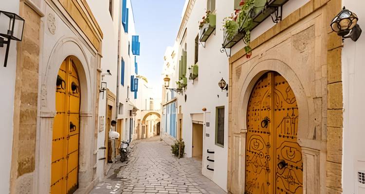 Una calle estrecha con puertas coloridas y arcos, bicicleta estacionada cerca.