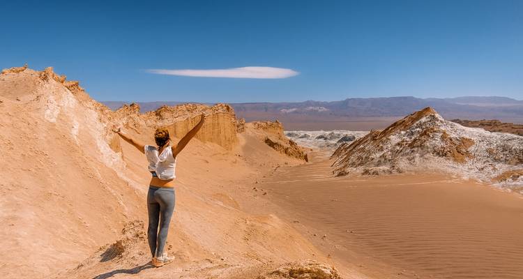 Persona con los brazos levantados en un paisaje desértico