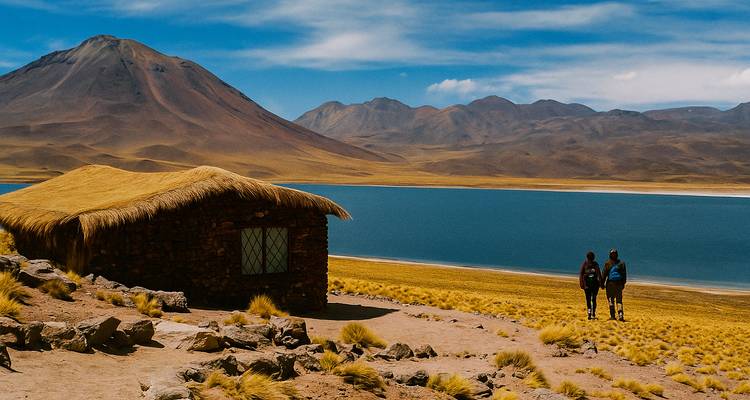 Pareja caminando junto a un lago con montañas
