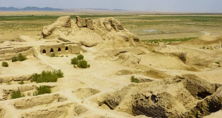 Vista expansiva de ruinas de una antigua fortaleza del desierto extendidas a través de una llanura seca y arenosa bajo un cielo brumoso.