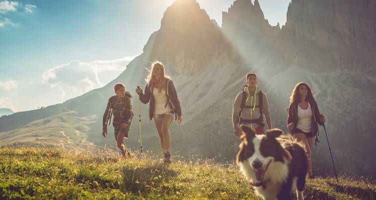 Wandelend gezin met hond onder dramatische Dolomieten-toppen in de late middagzon.