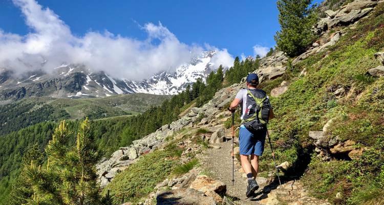 A lone hiker on a rugged mountain trail with snow-capped peaks in the background.