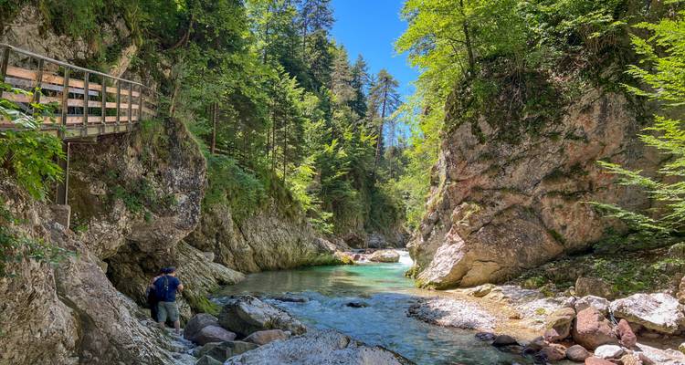 Zwei Menschen erkunden einen steinigen Flusspath, umgeben von dichtem Wald.