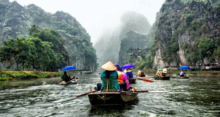 Rowers with conical hats glide down a misty river flanked by towering karst cliffs in Ninh Binh.