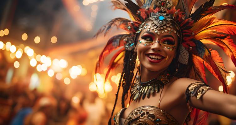 Vrouw in kleurrijke carnavalskleding met veren en juwelen.