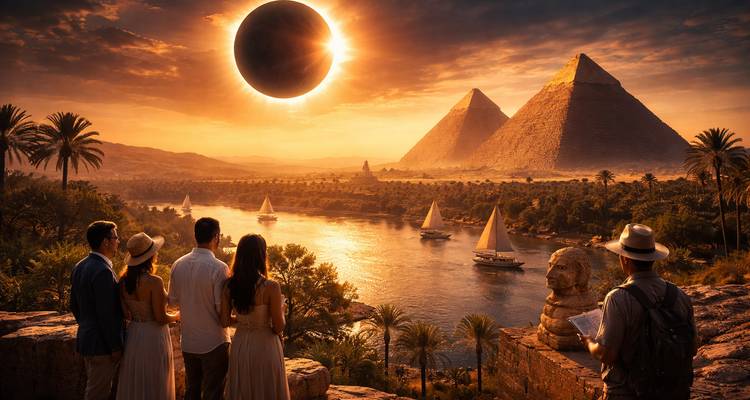 Gruppe von Menschen, die den Pyramiden zugewandt sind, mit einer Sonnenfinsternis am Himmel.