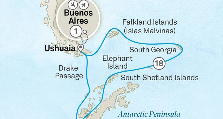 Carte de croisière illustrée décrivant un itinéraire de Buenos Aires à travers Ushuaia, les îles Malouines, la Géorgie du Sud et la péninsule Antarctique.