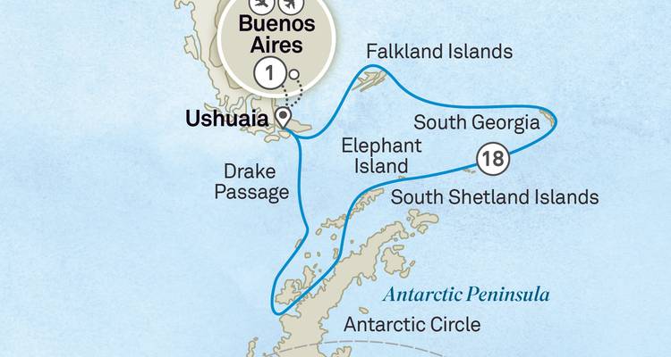 Carte illustrée de l'itinéraire de croisière de Buenos Aires à la Péninsule Antarctique et aux îles.