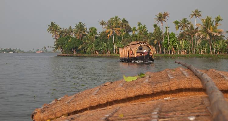 Houseboat on Kerala backwaters with palm trees on the side.