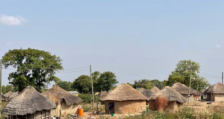 Traditionelle Hütten in einer ländlichen Landschaft mit klarem blauem Himmel.