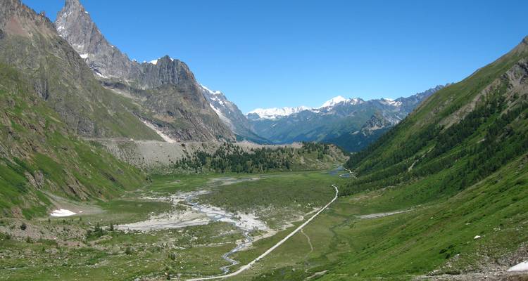 Valle pintoresco con un río y montañas nevadas distantes.