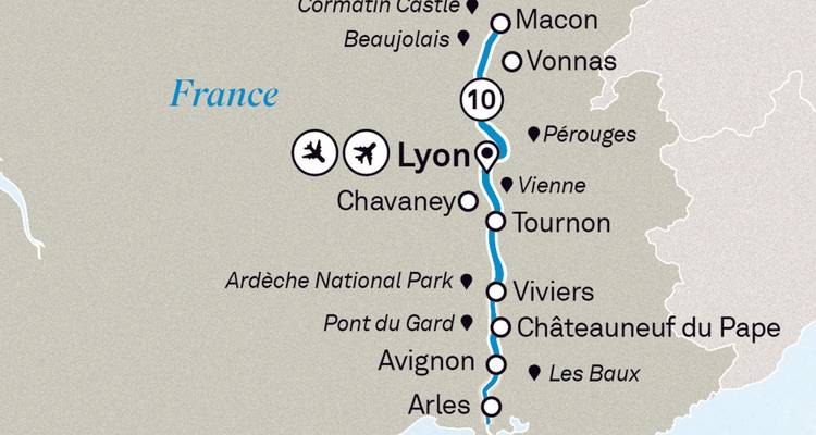 Carte simplifiée décrivant un itinéraire de croisière sur le Rhône à travers Lyon, Vienne, Viviers et Arles.