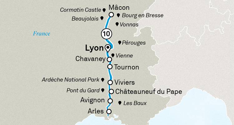 Mapa vertical francés del Ródano de Lyon a Arles que presenta ciudades como Aviñón y Tournon.