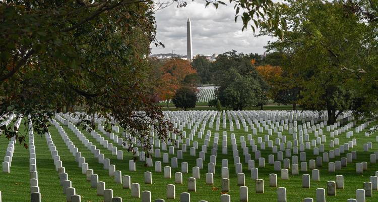 Rijen witte grafstenen op Arlington National Cemetery met het Washington Monument omlijst door bomen.