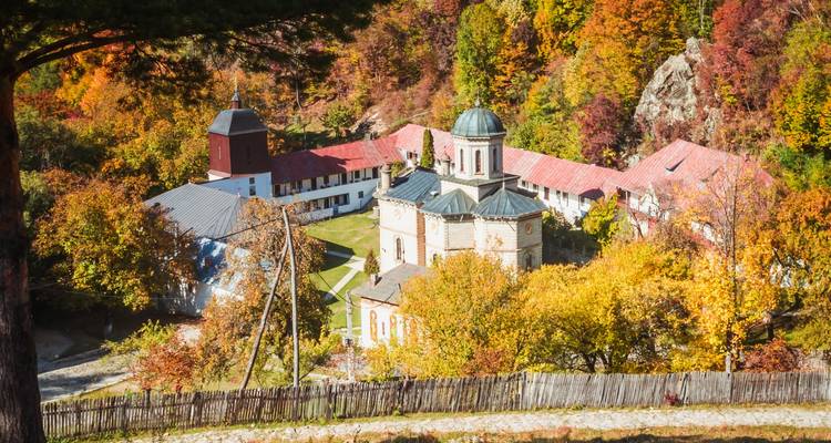 Klooster omringd door herfstbomen in Cozia.