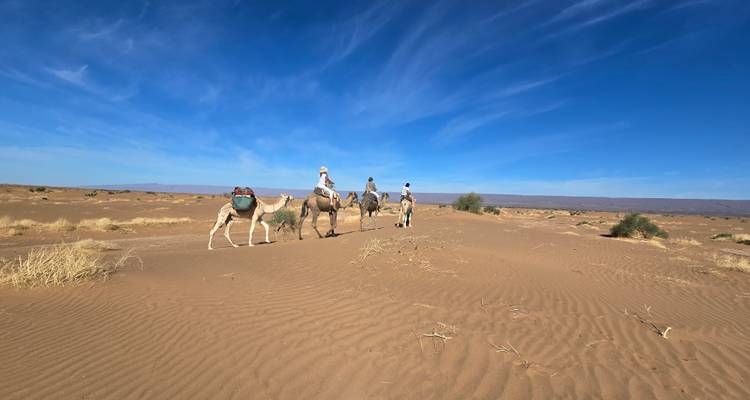 Ruiters op kamelen bewegen in ganzenpas over gerimpelde woestijnzand onder gestreepte wolken