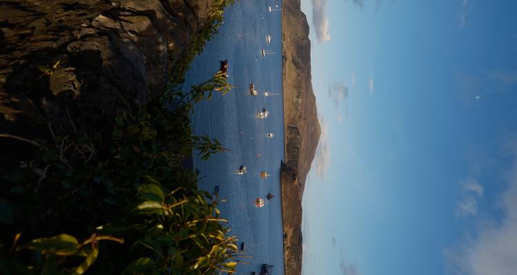 Puerto con coloridos barcos de pesca anclados en aguas azules bajo un cielo despejado de atardecer y colinas escarpadas.