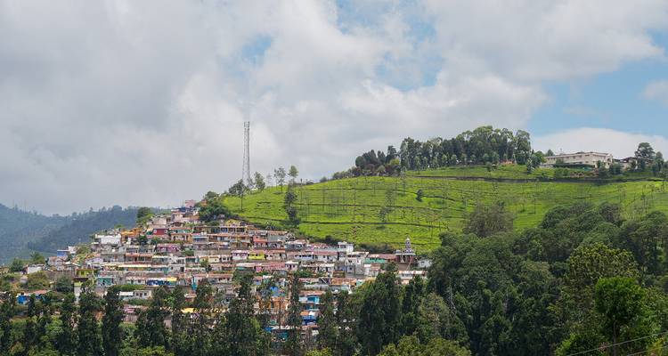 Kleurrijke heuvelhelling nederzetting omgeven door weelderige groene theeplantages onder een gedeeltelijk bewolkte hemel in Coonoor.