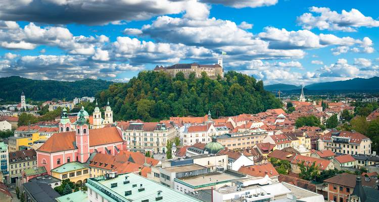 Vista aérea de un castillo en la cima de una colina rodeado por un pueblo con techos de tejas rojas.