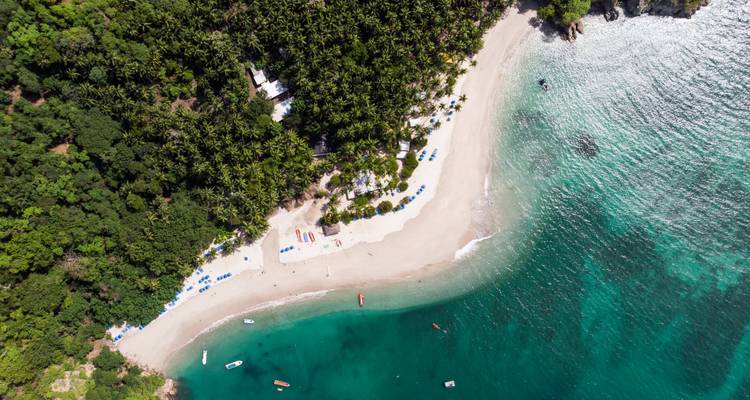 Bird’s-eye view of a crescent tropical beach lined with palms and vivid turquoise water.