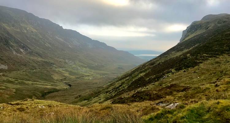 Remote glaciated valley opening towards the sea under soft evening light