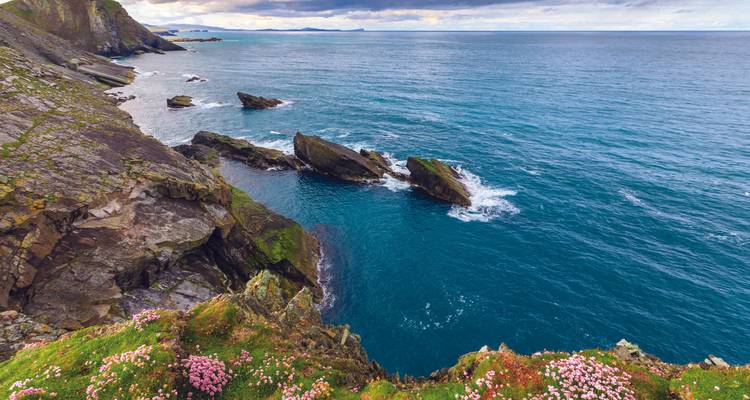 Dramatic coastal cliffs with lush vegetation and blue waters.