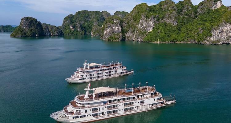 Two luxury cruise ships in a scenic bay surrounded by lush green islands.