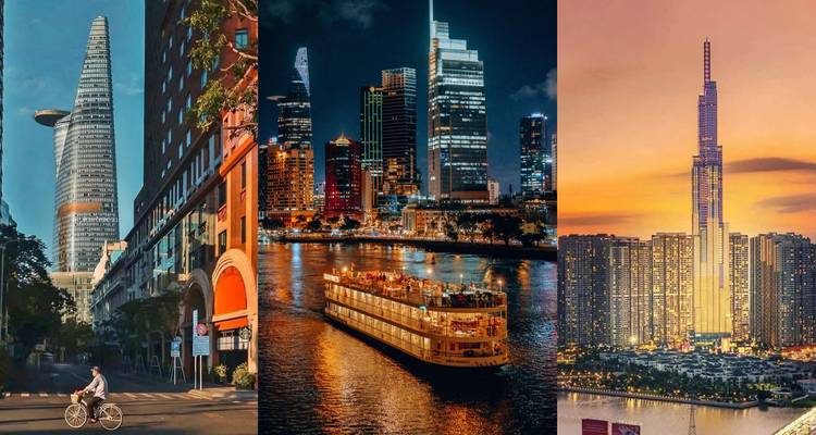 Composite image of three scenes: metropolitan buildings, night cruise, and modern skyscrapers.